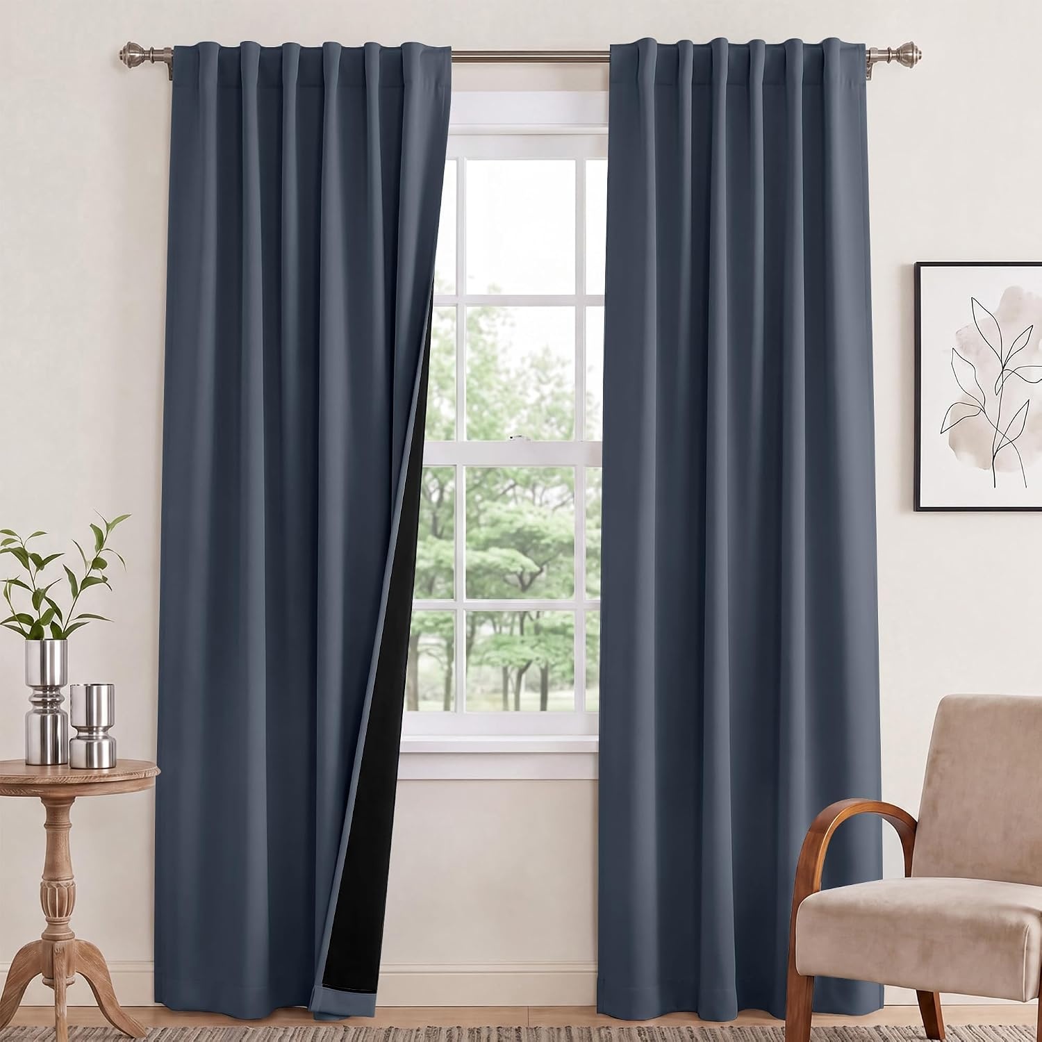 image:imageNICETOWN 100 Blackout Window Curtain Panels Cold and Full Light Blocking Drapes with Black Liner for Nursery 84 Inches Drop Thermal Insulated Draperies Pure White 2 Pieces 52 inches WideStone Blue