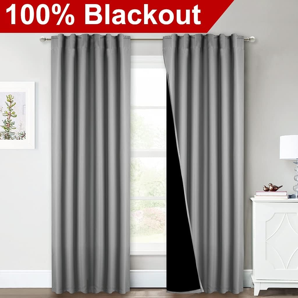 image:imageNICETOWN 100 Blackout Window Curtain Panels Cold and Full Light Blocking Drapes with Black Liner for Nursery 84 Inches Drop Thermal Insulated Draperies Pure White 2 Pieces 52 inches WideSilver Grey