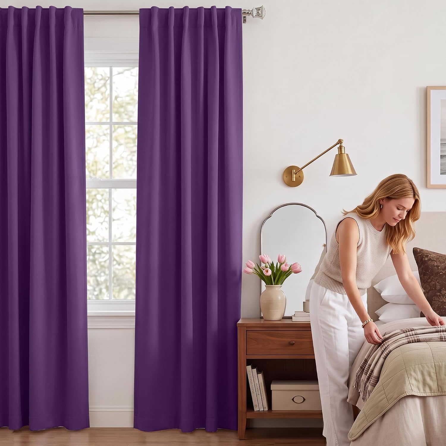 image:imageNICETOWN 100 Blackout Window Curtain Panels Cold and Full Light Blocking Drapes with Black Liner for Nursery 84 Inches Drop Thermal Insulated Draperies Pure White 2 Pieces 52 inches WideRoyal Purple