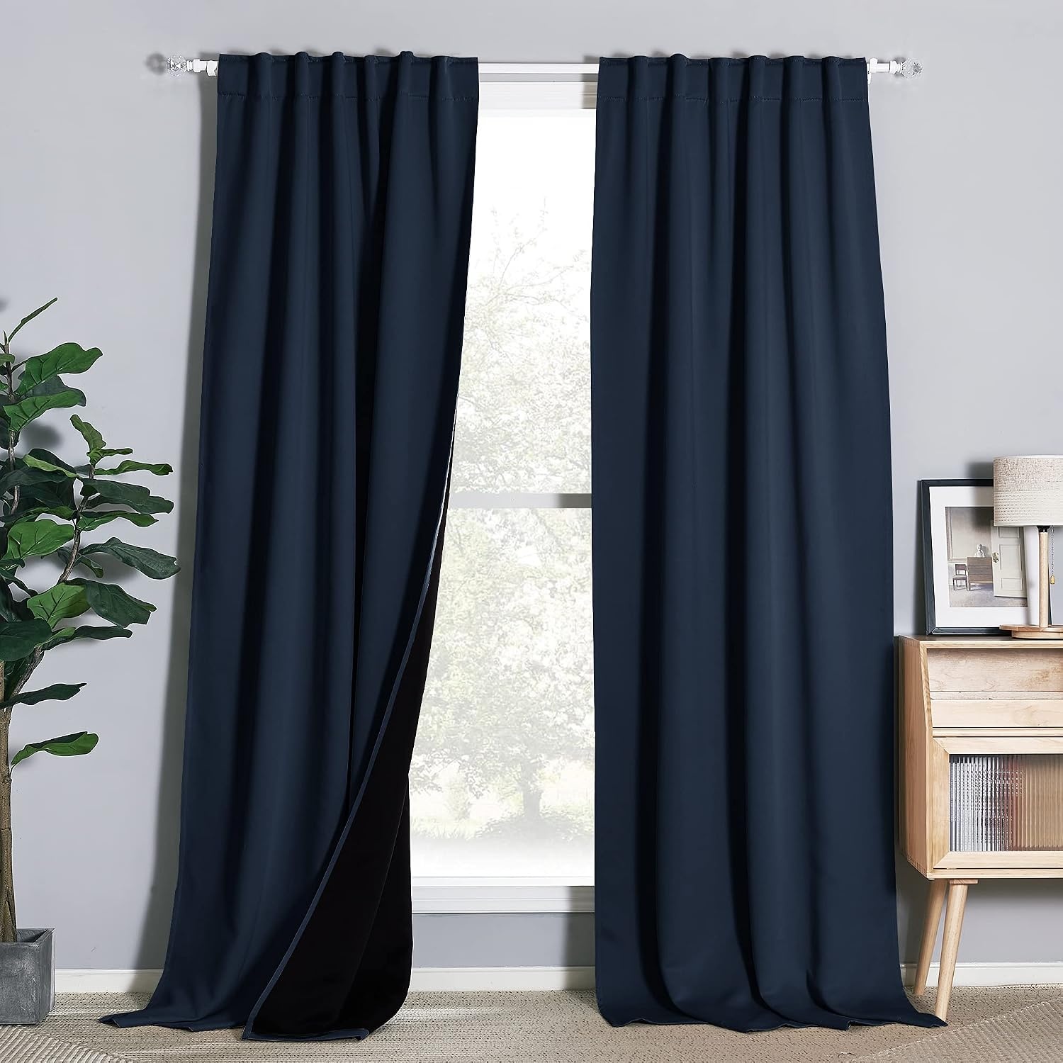 image:imageNICETOWN 100 Blackout Window Curtain Panels Cold and Full Light Blocking Drapes with Black Liner for Nursery 84 Inches Drop Thermal Insulated Draperies Pure White 2 Pieces 52 inches WideNavy