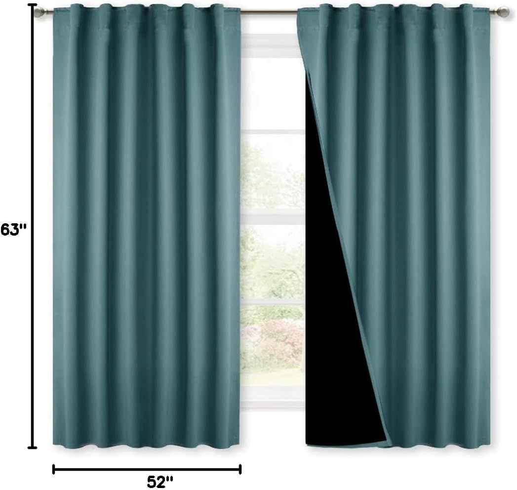 image:imageNICETOWN 100 Blackout Window Curtain Panels Cold and Full Light Blocking Drapes with Black Liner for Nursery 84 Inches Drop Thermal Insulated Draperies Pure White 2 Pieces 52 inches WideSea Teal
