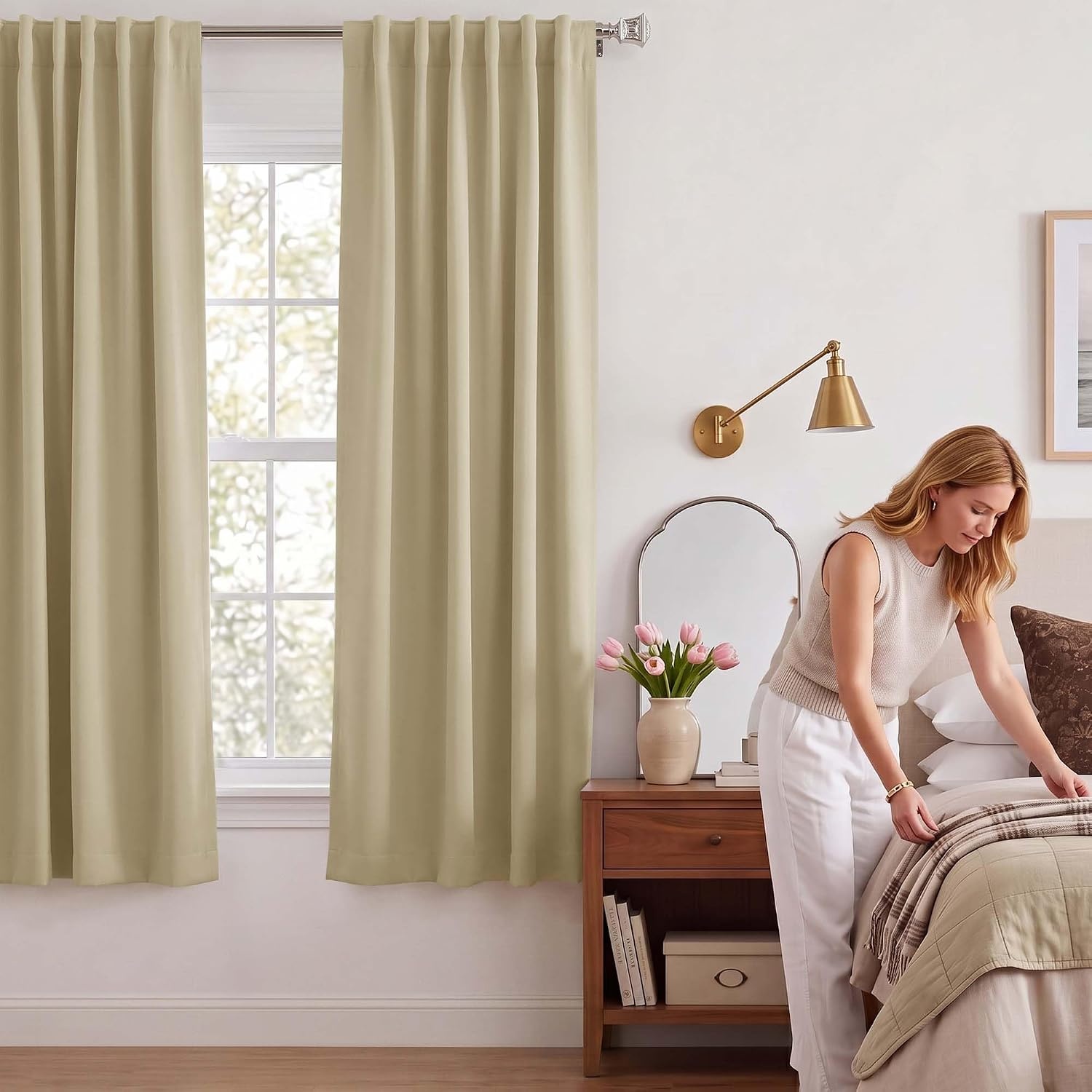 image:imageNICETOWN 100 Blackout Window Curtain Panels Cold and Full Light Blocking Drapes with Black Liner for Nursery 84 Inches Drop Thermal Insulated Draperies Pure White 2 Pieces 52 inches WideWarm Beige