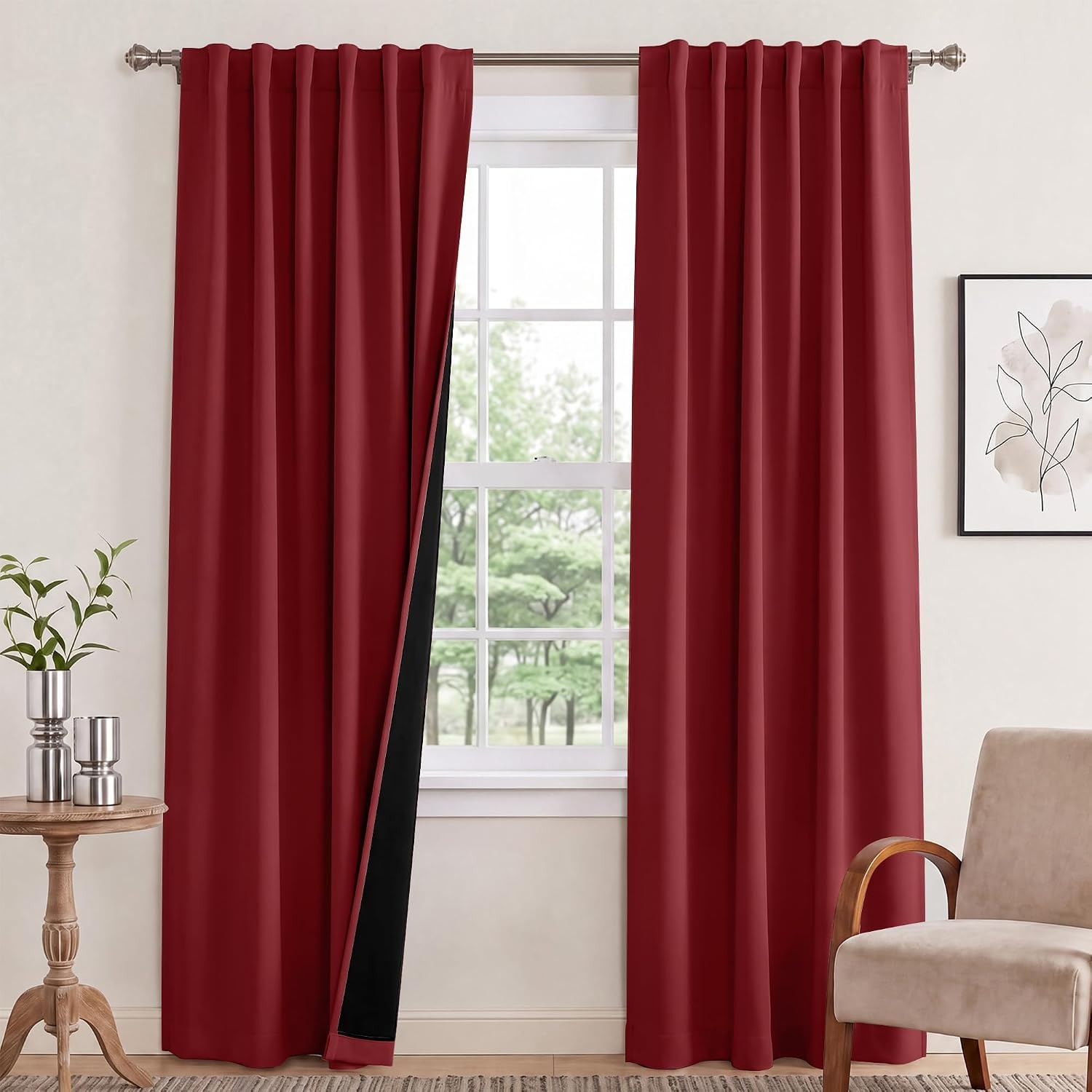 image:imageNICETOWN 100 Blackout Window Curtain Panels Cold and Full Light Blocking Drapes with Black Liner for Nursery 84 Inches Drop Thermal Insulated Draperies Pure White 2 Pieces 52 inches WideBurgundy Red