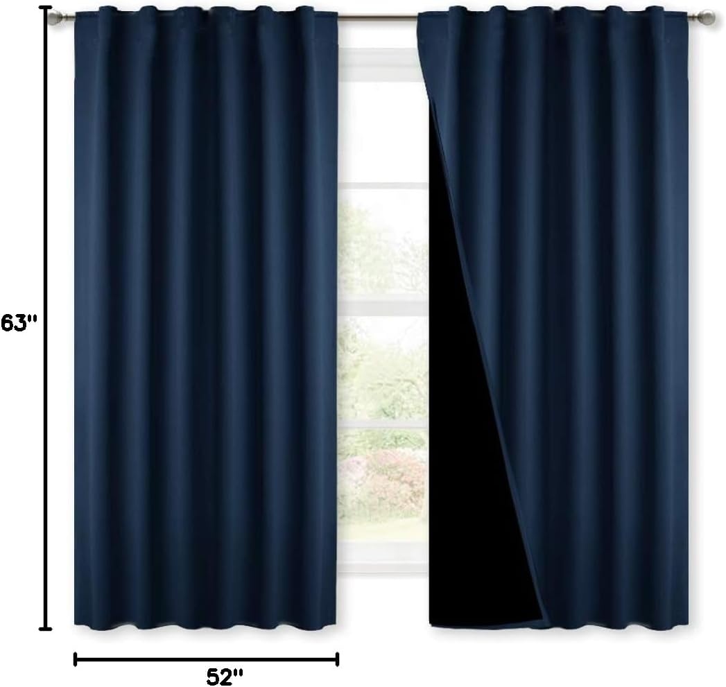 image:imageNICETOWN 100 Blackout Window Curtain Panels Cold and Full Light Blocking Drapes with Black Liner for Nursery 84 Inches Drop Thermal Insulated Draperies Pure White 2 Pieces 52 inches WideNavy