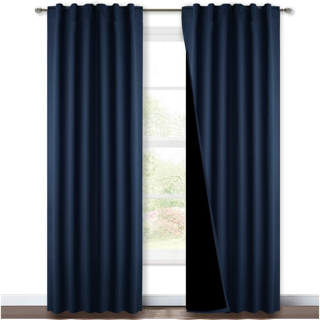 image:imageNICETOWN 100 Blackout Window Curtain Panels Cold and Full Light Blocking Drapes with Black Liner for Nursery 84 Inches Drop Thermal Insulated Draperies Pure White 2 Pieces 52 inches WideNavy