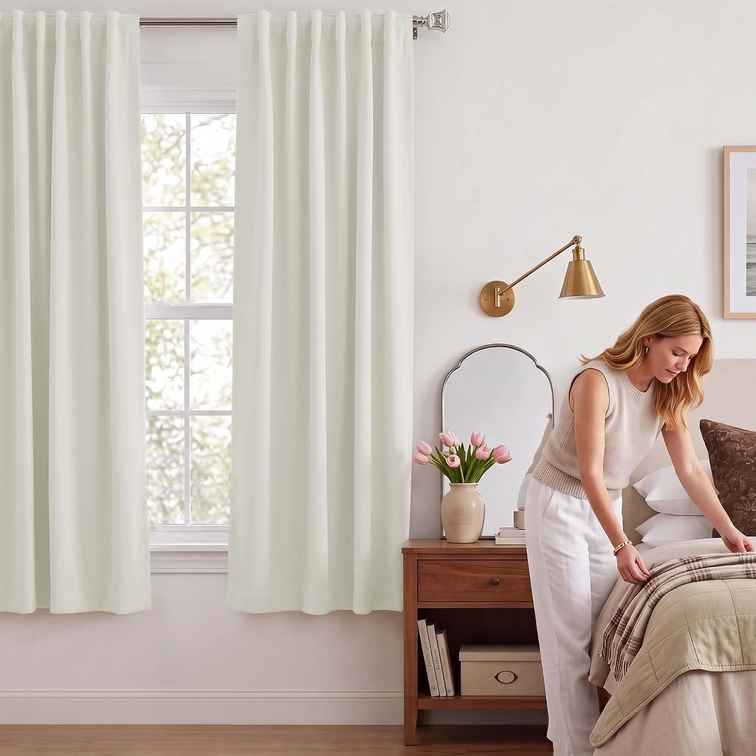 image:imageNICETOWN 100 Blackout Window Curtain Panels Cold and Full Light Blocking Drapes with Black Liner for Nursery 84 Inches Drop Thermal Insulated Draperies Pure White 2 Pieces 52 inches WideIvory