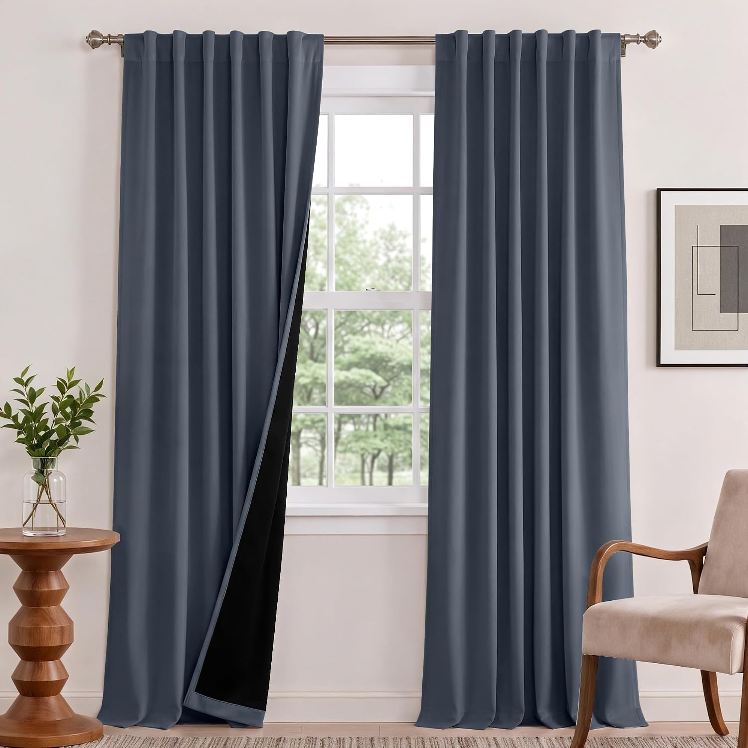 image:imageNICETOWN 100 Blackout Window Curtain Panels Cold and Full Light Blocking Drapes with Black Liner for Nursery 84 Inches Drop Thermal Insulated Draperies Pure White 2 Pieces 52 inches WideStone Blue