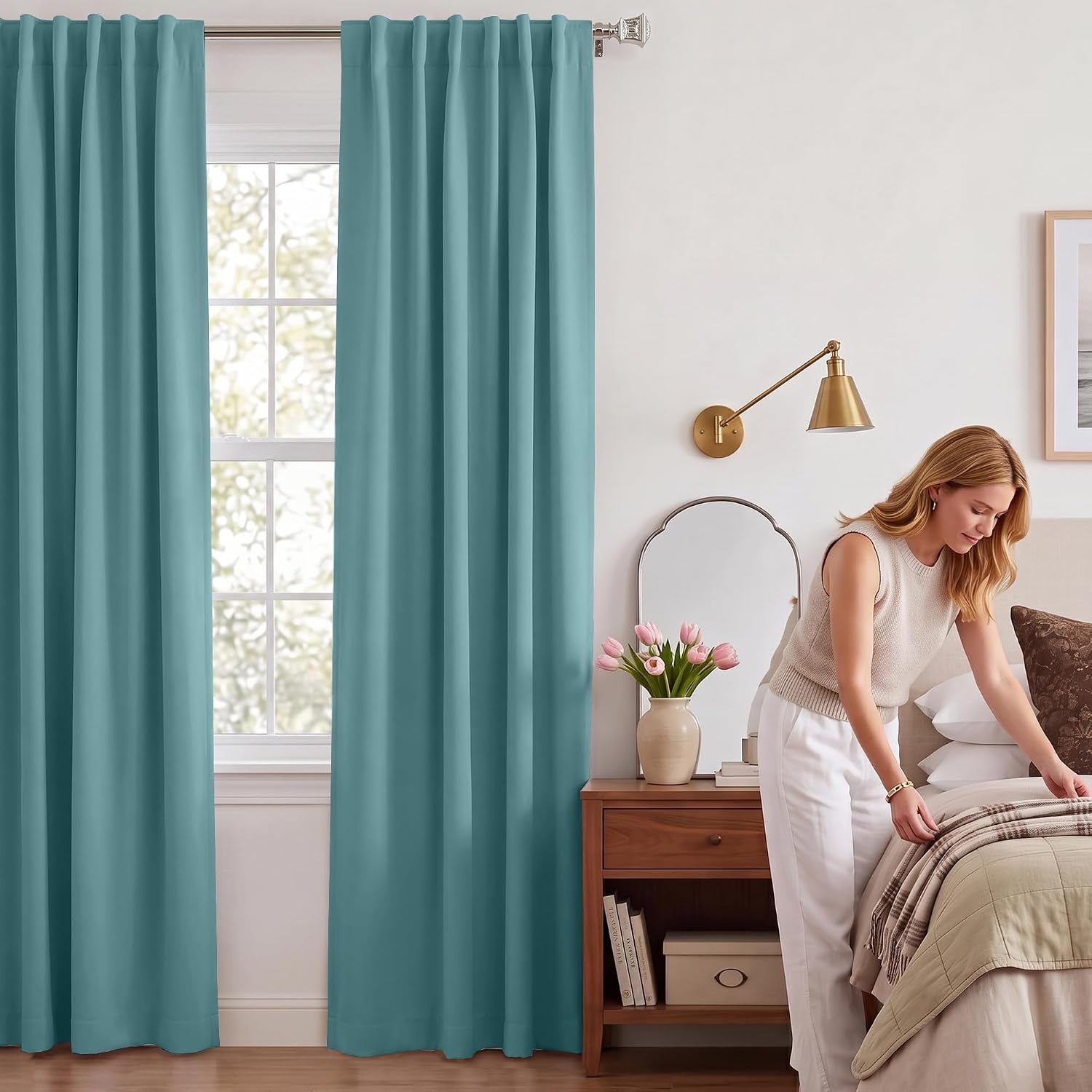 image:imageNICETOWN 100 Blackout Window Curtain Panels Cold and Full Light Blocking Drapes with Black Liner for Nursery 84 Inches Drop Thermal Insulated Draperies Pure White 2 Pieces 52 inches WideSea Teal