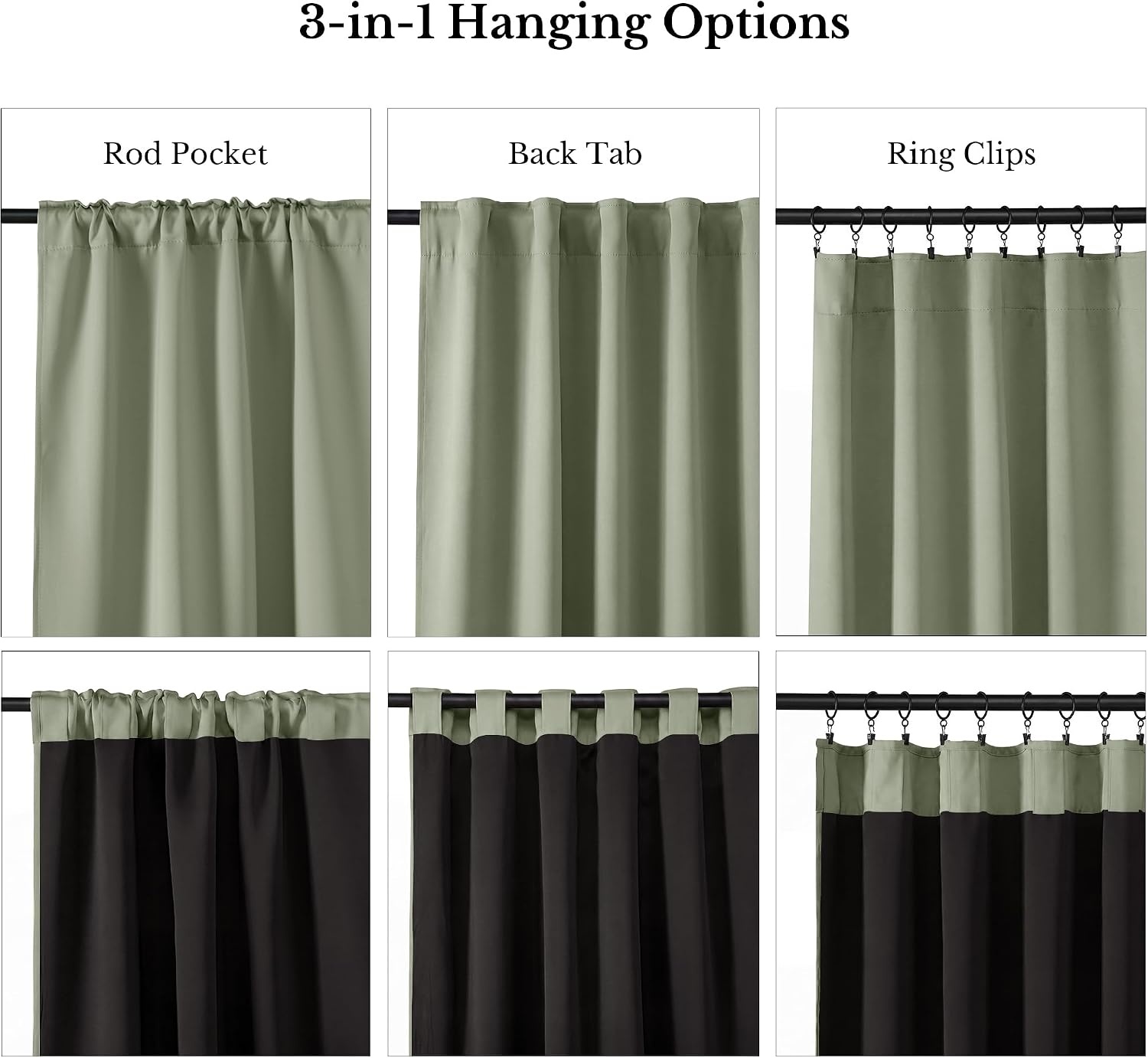 image:imageNICETOWN 100 Blackout Window Curtain Panels Cold and Full Light Blocking Drapes with Black Liner for Nursery 84 Inches Drop Thermal Insulated Draperies Pure White 2 Pieces 52 inches WideSage Green