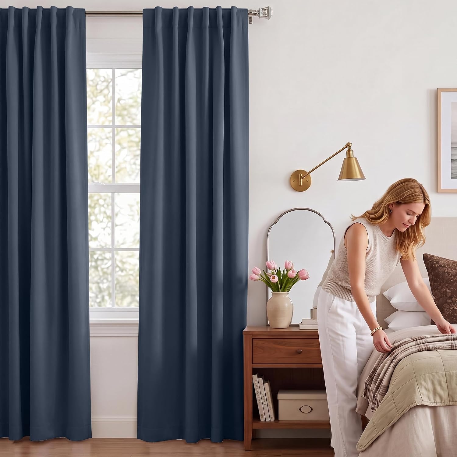 image:imageNICETOWN 100 Blackout Window Curtain Panels Cold and Full Light Blocking Drapes with Black Liner for Nursery 84 Inches Drop Thermal Insulated Draperies Pure White 2 Pieces 52 inches WideStone Blue