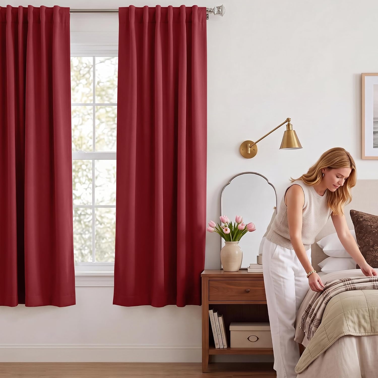 image:imageNICETOWN 100 Blackout Window Curtain Panels Cold and Full Light Blocking Drapes with Black Liner for Nursery 84 Inches Drop Thermal Insulated Draperies Pure White 2 Pieces 52 inches WideBurgundy Red