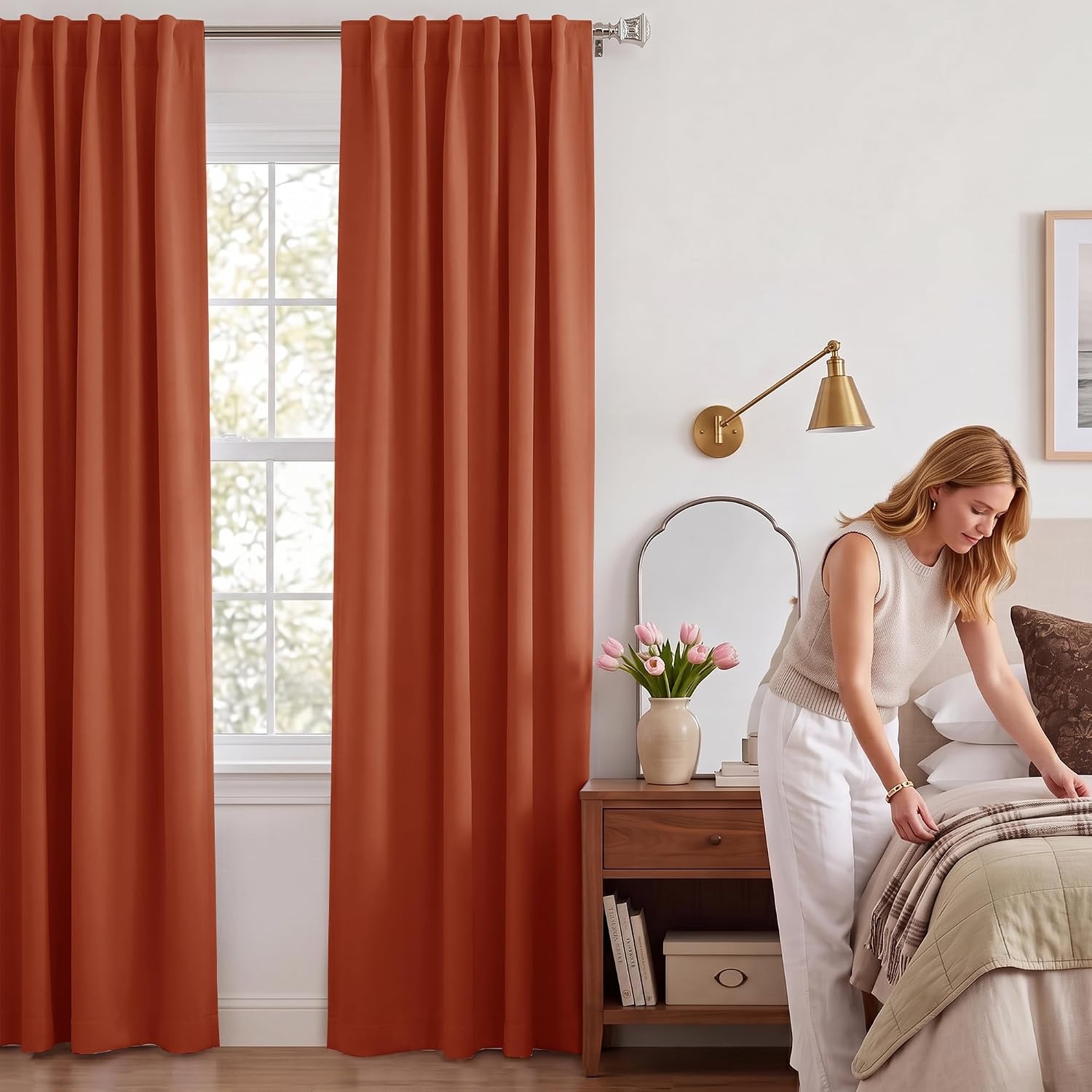 image:imageNICETOWN 100 Blackout Window Curtain Panels Cold and Full Light Blocking Drapes with Black Liner for Nursery 84 Inches Drop Thermal Insulated Draperies Pure White 2 Pieces 52 inches WideBurnt Orange