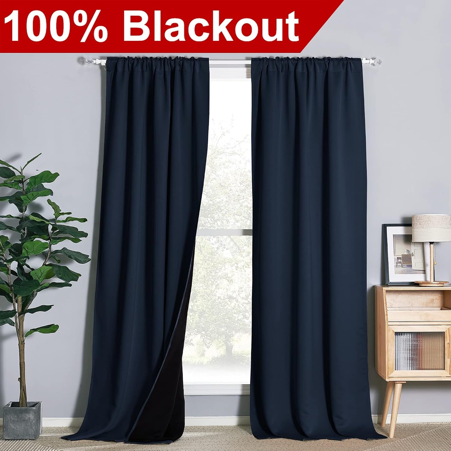 image:imageNICETOWN 100 Blackout Window Curtain Panels Cold and Full Light Blocking Drapes with Black Liner for Nursery 84 Inches Drop Thermal Insulated Draperies Pure White 2 Pieces 52 inches WideNavy