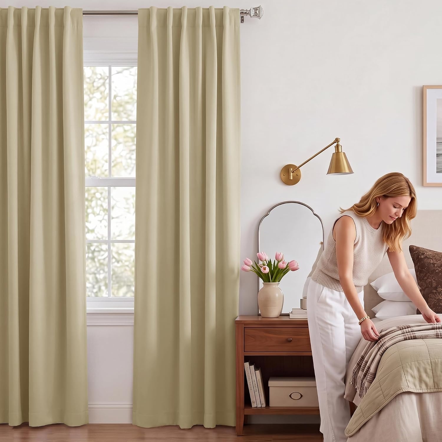 image:imageNICETOWN 100 Blackout Window Curtain Panels Cold and Full Light Blocking Drapes with Black Liner for Nursery 84 Inches Drop Thermal Insulated Draperies Pure White 2 Pieces 52 inches WideWarm Beige