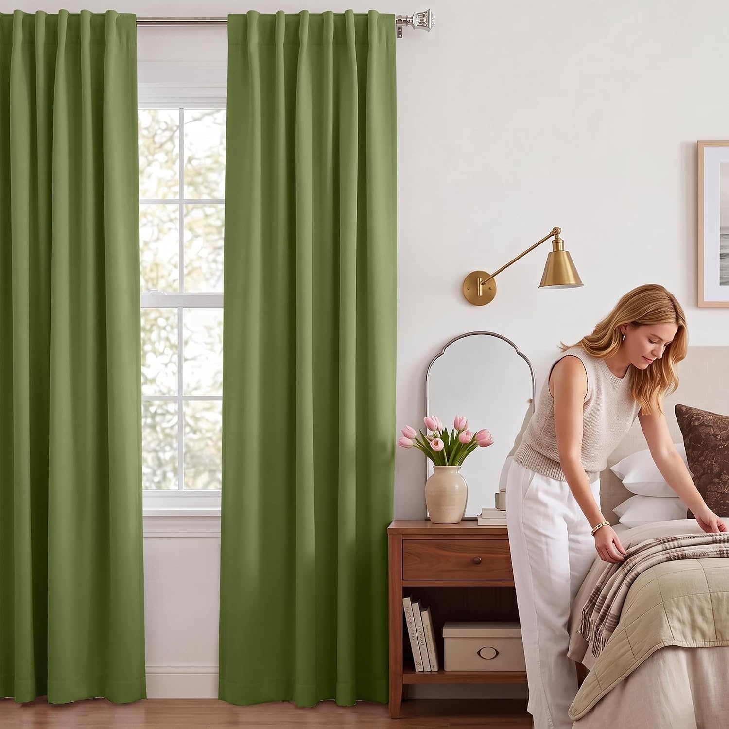 image:imageNICETOWN 100 Blackout Window Curtain Panels Cold and Full Light Blocking Drapes with Black Liner for Nursery 84 Inches Drop Thermal Insulated Draperies Pure White 2 Pieces 52 inches WideOlive Green