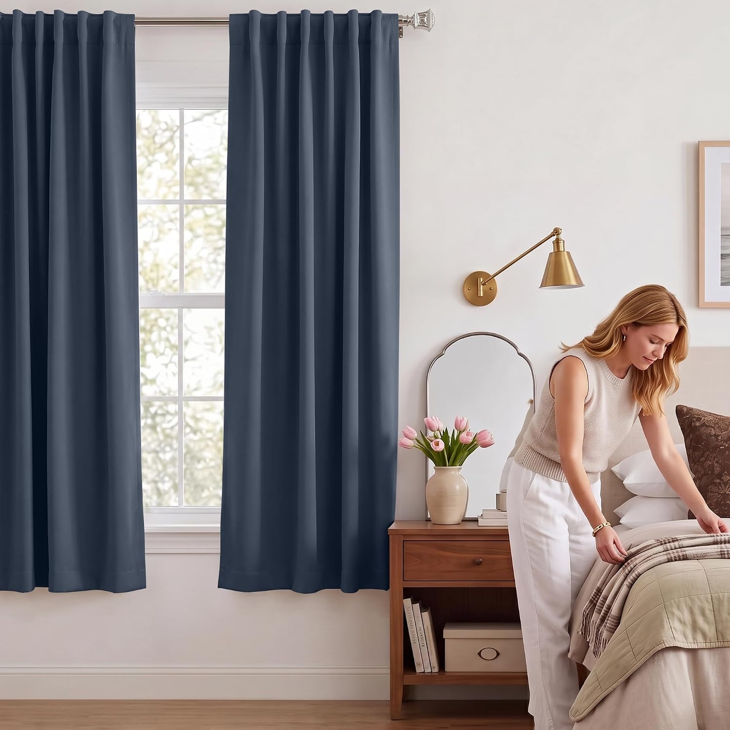 image:imageNICETOWN 100 Blackout Window Curtain Panels Cold and Full Light Blocking Drapes with Black Liner for Nursery 84 Inches Drop Thermal Insulated Draperies Pure White 2 Pieces 52 inches WideStone Blue