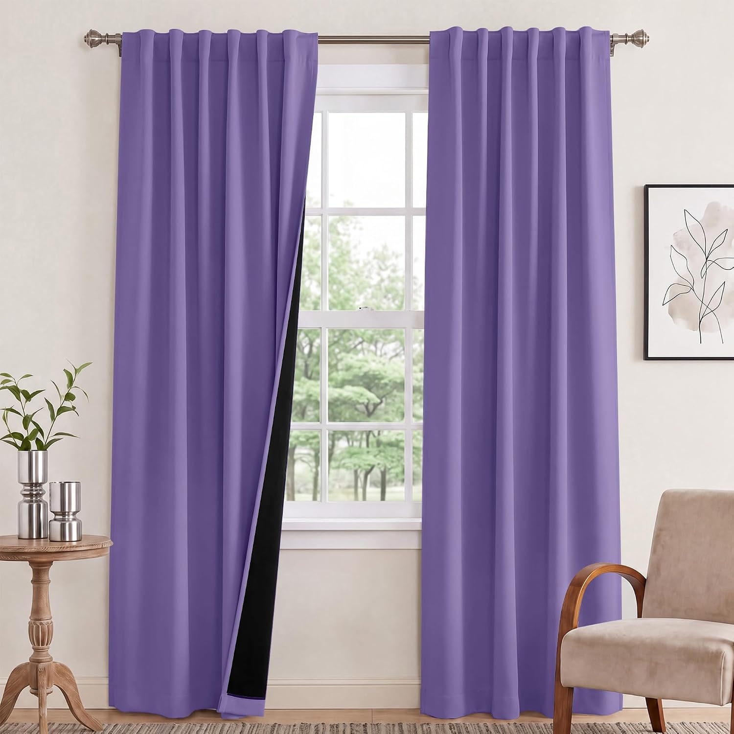 image:imageNICETOWN 100 Blackout Window Curtain Panels Cold and Full Light Blocking Drapes with Black Liner for Nursery 84 Inches Drop Thermal Insulated Draperies Pure White 2 Pieces 52 inches WideLilac Purple