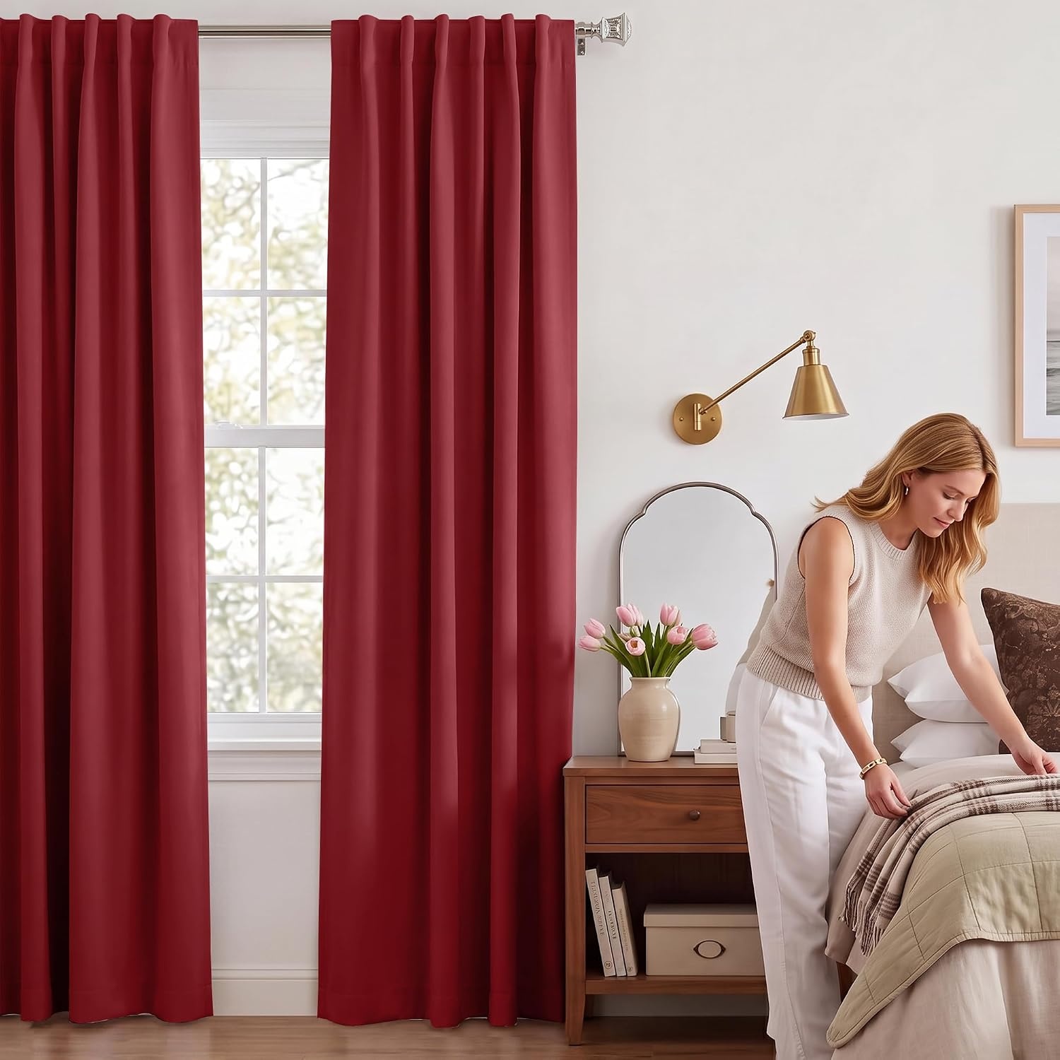 image:imageNICETOWN 100 Blackout Window Curtain Panels Cold and Full Light Blocking Drapes with Black Liner for Nursery 84 Inches Drop Thermal Insulated Draperies Pure White 2 Pieces 52 inches WideBurgundy Red