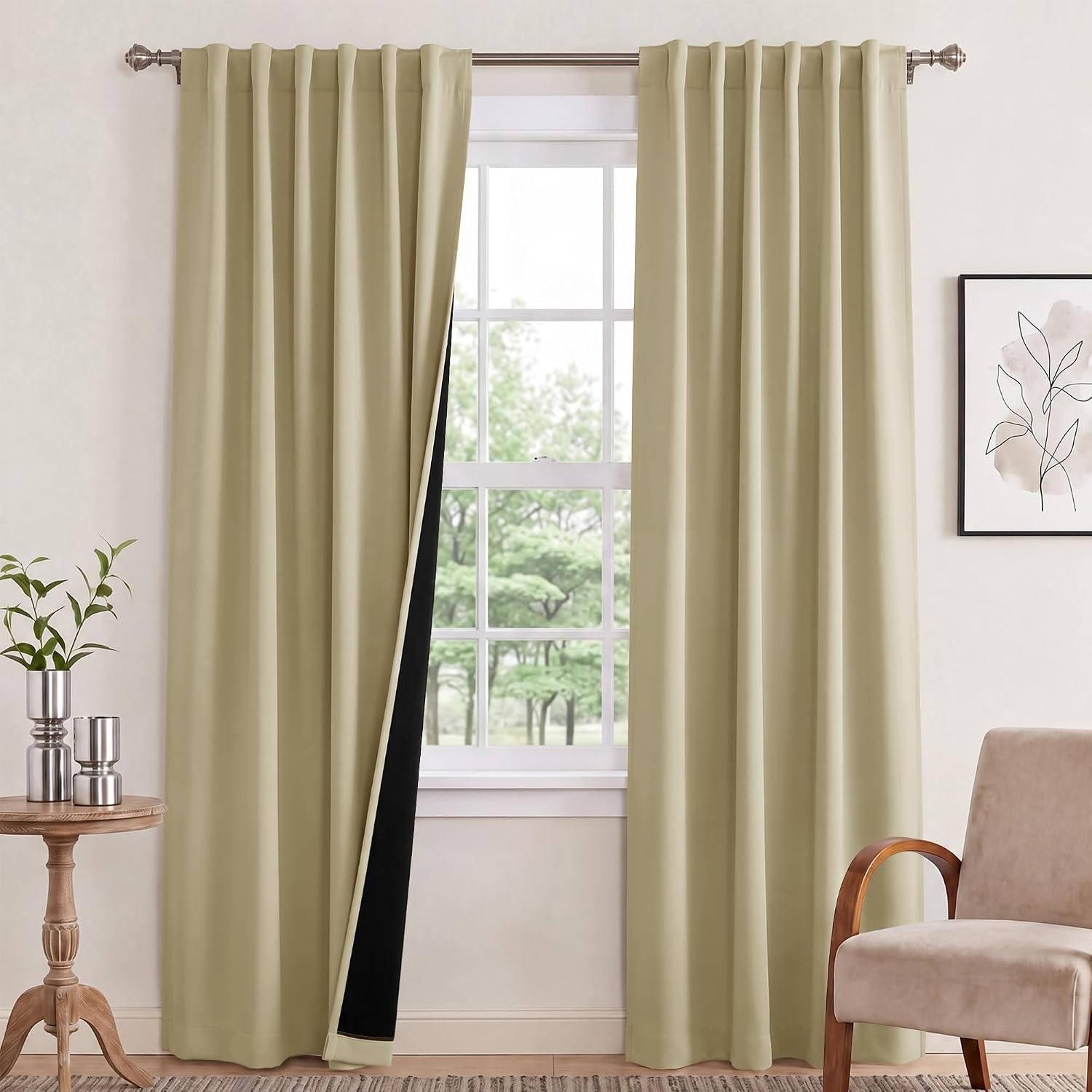 image:imageNICETOWN 100 Blackout Window Curtain Panels Cold and Full Light Blocking Drapes with Black Liner for Nursery 84 Inches Drop Thermal Insulated Draperies Pure White 2 Pieces 52 inches WideWarm Beige