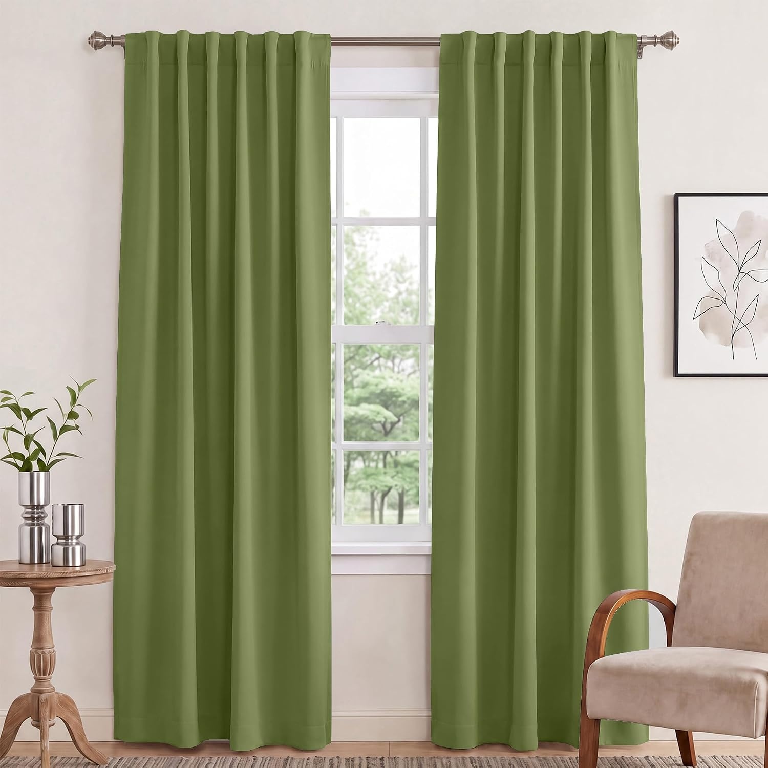 image:imageNICETOWN 100 Blackout Window Curtain Panels Cold and Full Light Blocking Drapes with Black Liner for Nursery 84 Inches Drop Thermal Insulated Draperies Pure White 2 Pieces 52 inches WideOlive Green