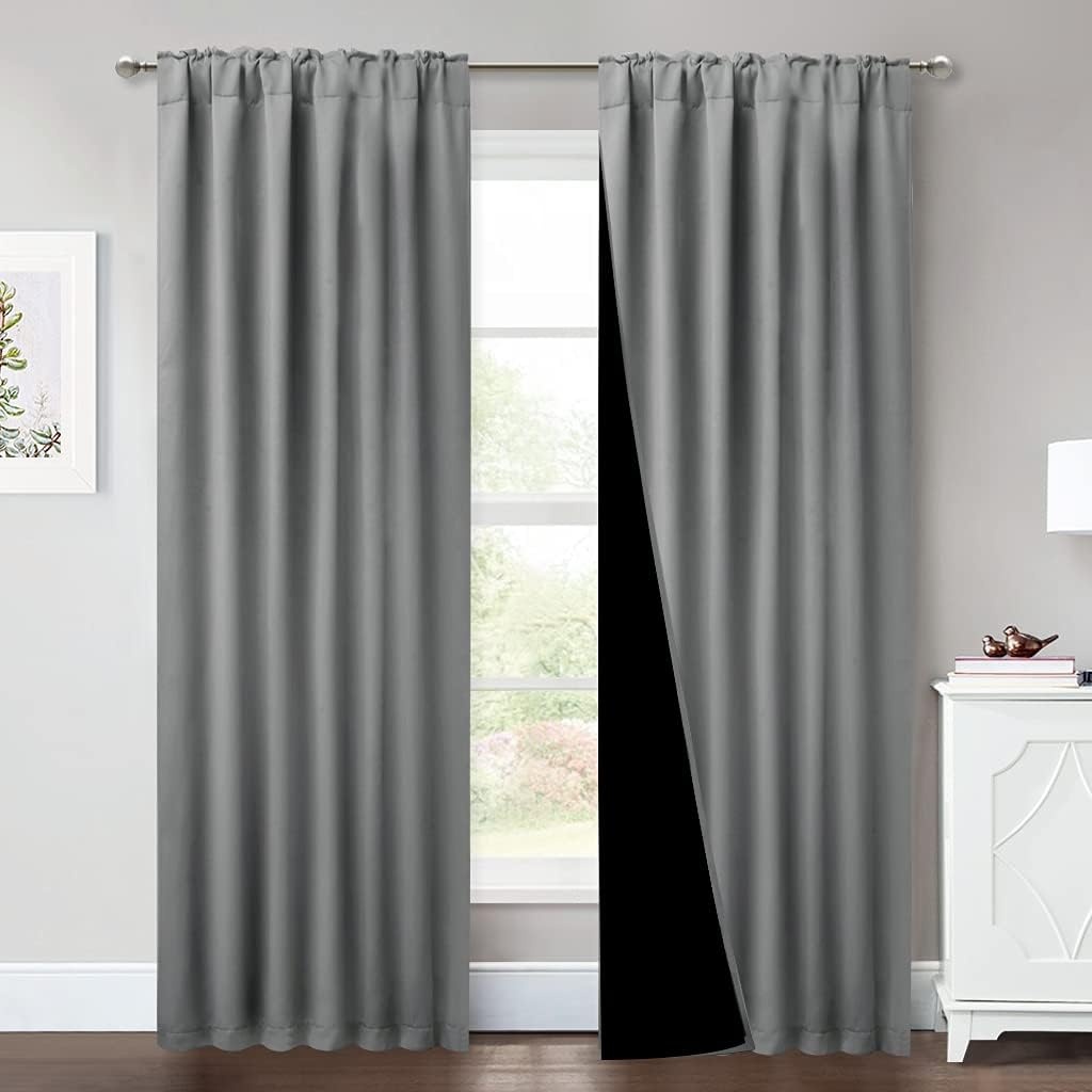 image:imageNICETOWN 100 Blackout Window Curtain Panels Cold and Full Light Blocking Drapes with Black Liner for Nursery 84 Inches Drop Thermal Insulated Draperies Pure White 2 Pieces 52 inches WideSilver Grey