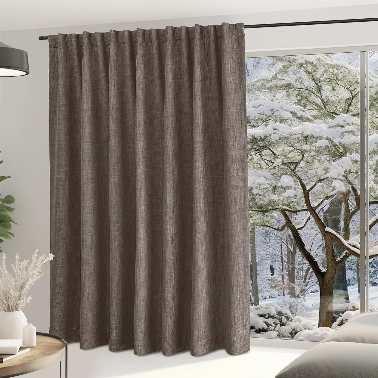 image:imageNICETOWN 2 Panels Faux Linen 100 Blackout Curtains for Living Room Rod PocketBack TabHook Belt Room Darkening Window Treatment with Liner Thermal Curtains for Bedroom Natural W50 x L96Brown