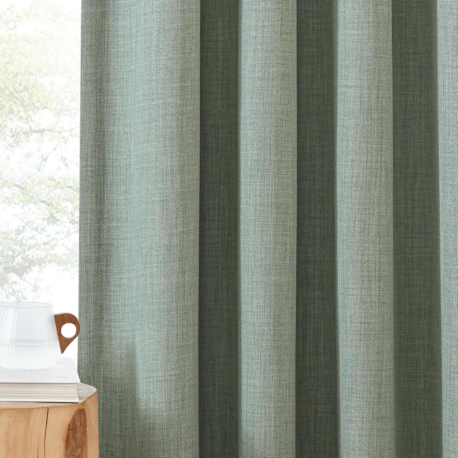 image:imageNICETOWN 2 Panels Faux Linen 100 Blackout Curtains for Living Room Rod PocketBack TabHook Belt Room Darkening Window Treatment with Liner Thermal Curtains for Bedroom Natural W50 x L96Sage Green