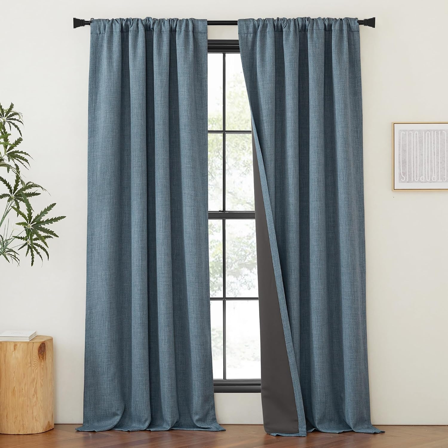 image:imageNICETOWN 2 Panels Faux Linen 100 Blackout Curtains for Living Room Rod PocketBack TabHook Belt Room Darkening Window Treatment with Liner Thermal Curtains for Bedroom Natural W50 x L96100 Blackout Mist Blue