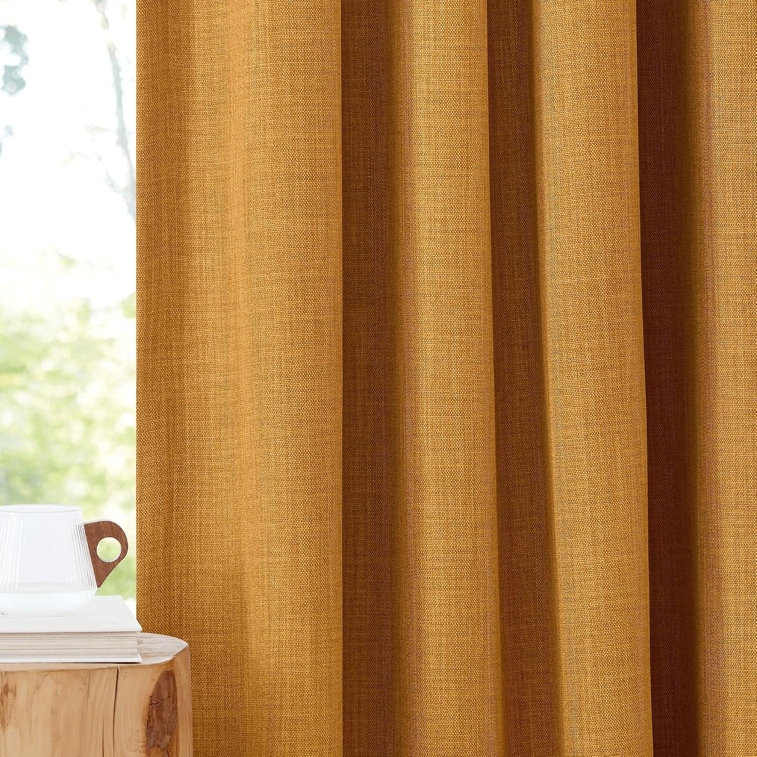 image:imageNICETOWN 2 Panels Faux Linen 100 Blackout Curtains for Living Room Rod PocketBack TabHook Belt Room Darkening Window Treatment with Liner Thermal Curtains for Bedroom Natural W50 x L96Hook Belt Gold Brown