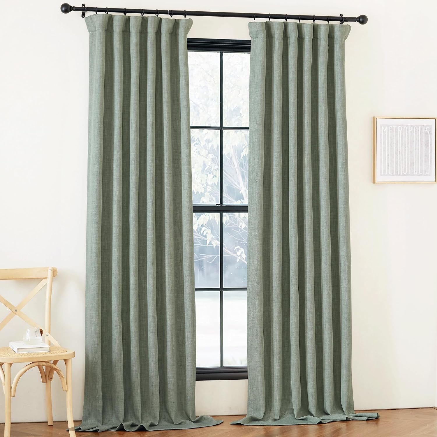 image:imageNICETOWN 2 Panels Faux Linen 100 Blackout Curtains for Living Room Rod PocketBack TabHook Belt Room Darkening Window Treatment with Liner Thermal Curtains for Bedroom Natural W50 x L96Sage Green