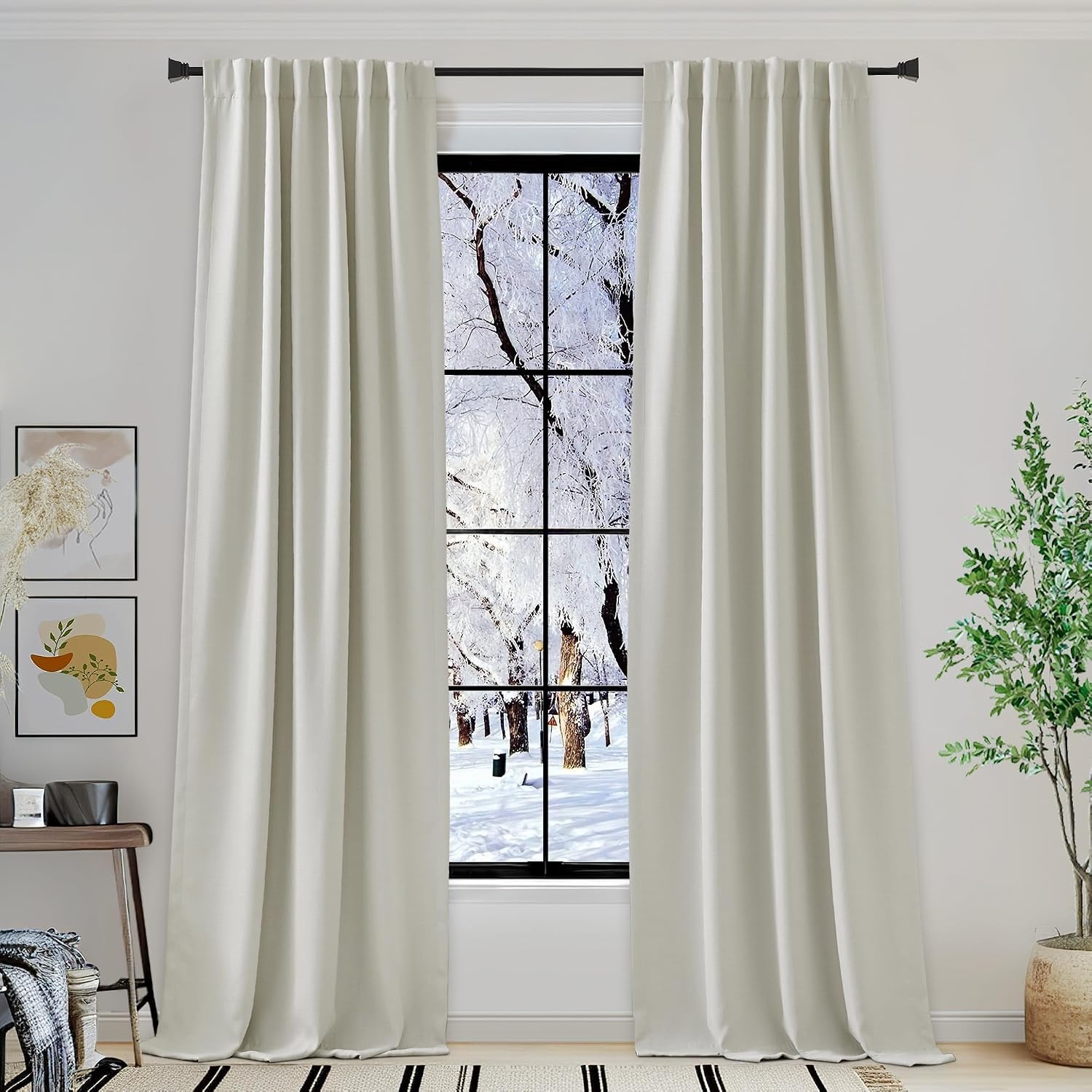 image:imageNICETOWN 2 Panels Faux Linen 100 Blackout Curtains for Living Room Rod PocketBack TabHook Belt Room Darkening Window Treatment with Liner Thermal Curtains for Bedroom Natural W50 x L96Natural