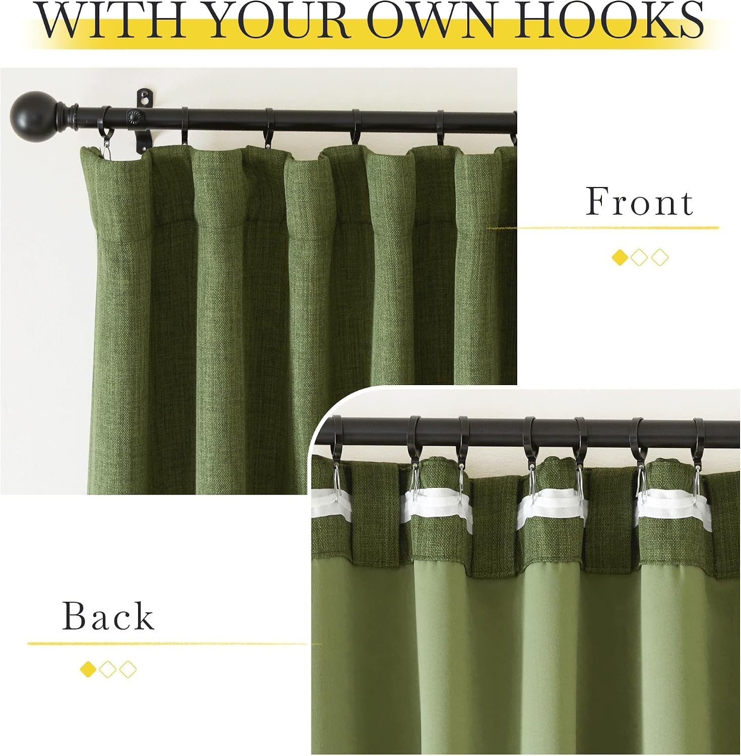 image:imageNICETOWN 2 Panels Faux Linen 100 Blackout Curtains for Living Room Rod PocketBack TabHook Belt Room Darkening Window Treatment with Liner Thermal Curtains for Bedroom Natural W50 x L96Forest Green