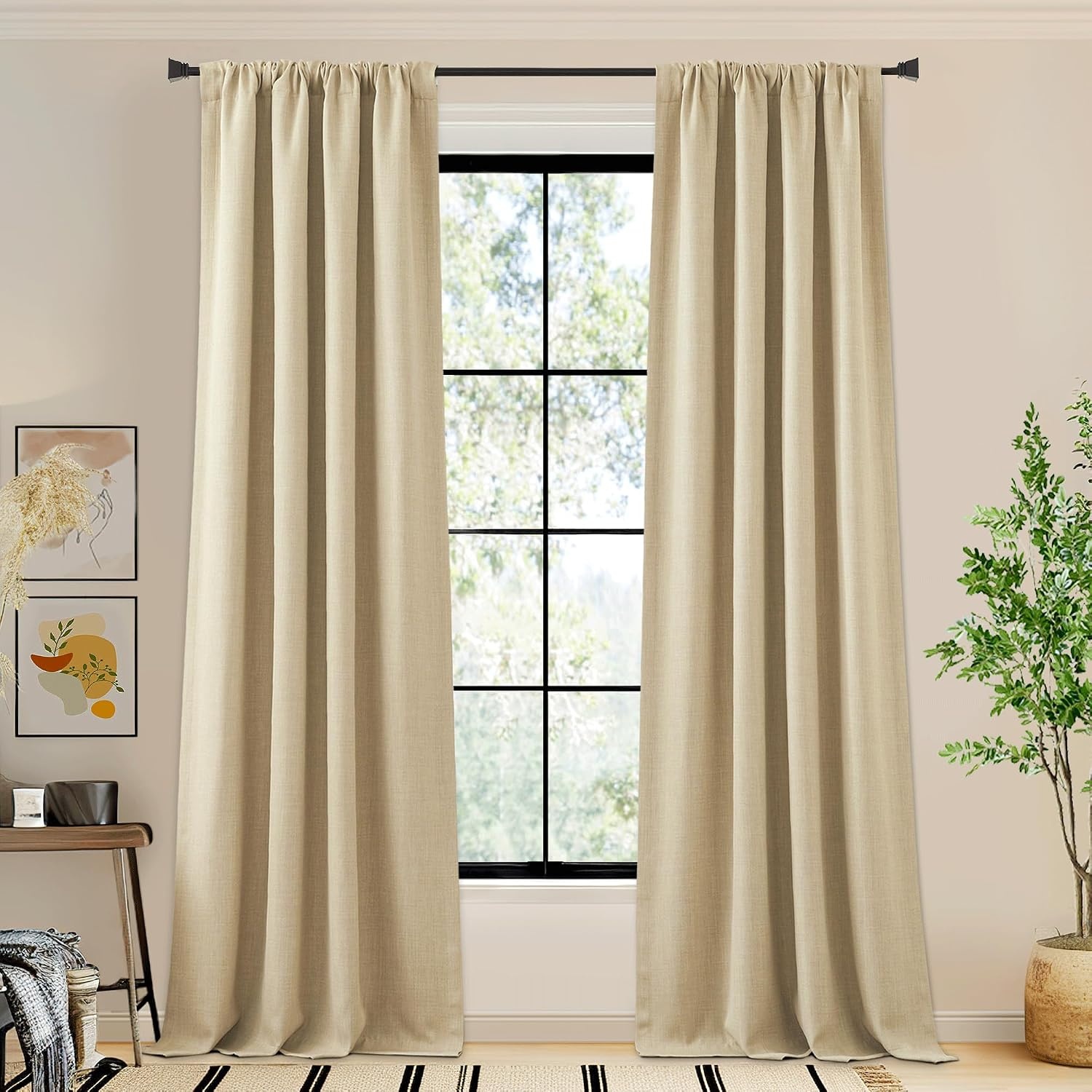 image:imageNICETOWN 2 Panels Faux Linen 100 Blackout Curtains for Living Room Rod PocketBack TabHook Belt Room Darkening Window Treatment with Liner Thermal Curtains for Bedroom Natural W50 x L96Oatmeal