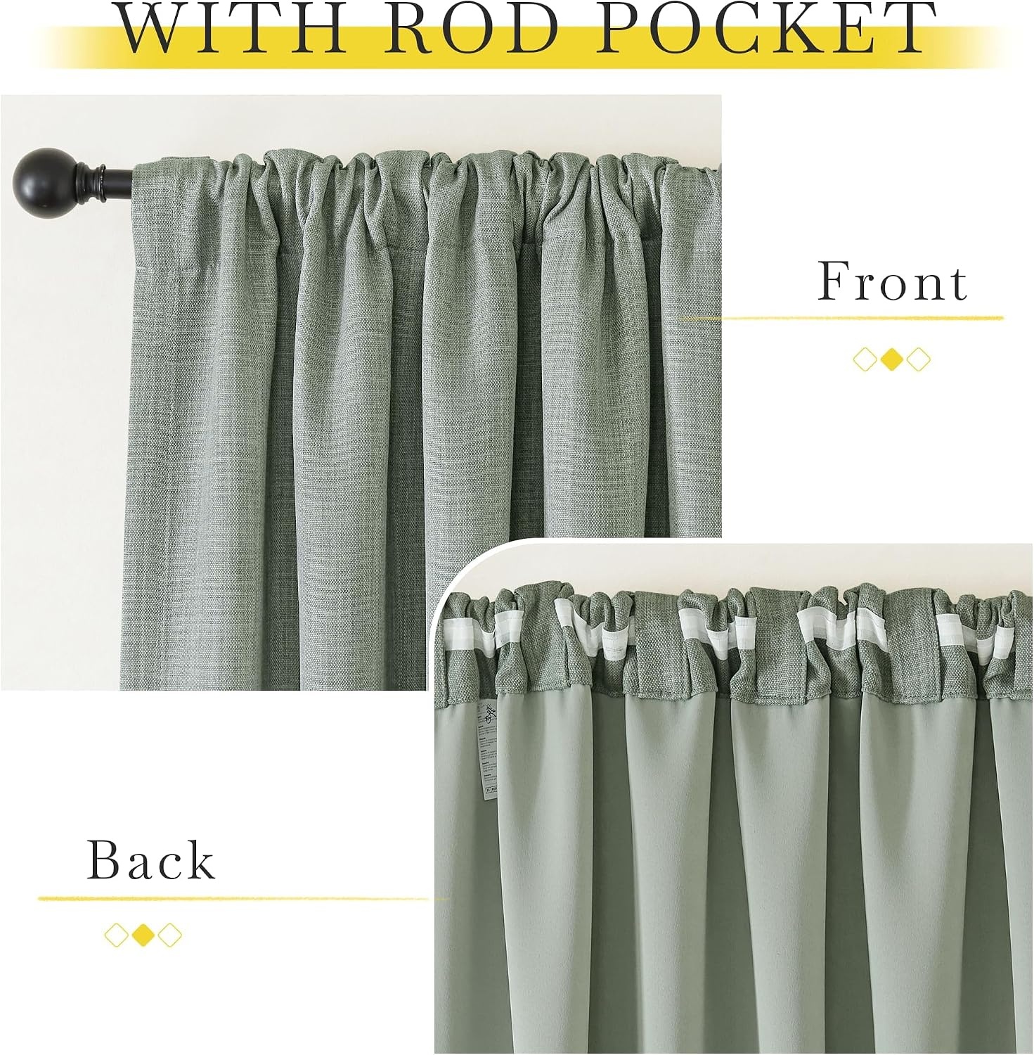 image:imageNICETOWN 2 Panels Faux Linen 100 Blackout Curtains for Living Room Rod PocketBack TabHook Belt Room Darkening Window Treatment with Liner Thermal Curtains for Bedroom Natural W50 x L96Sage Green