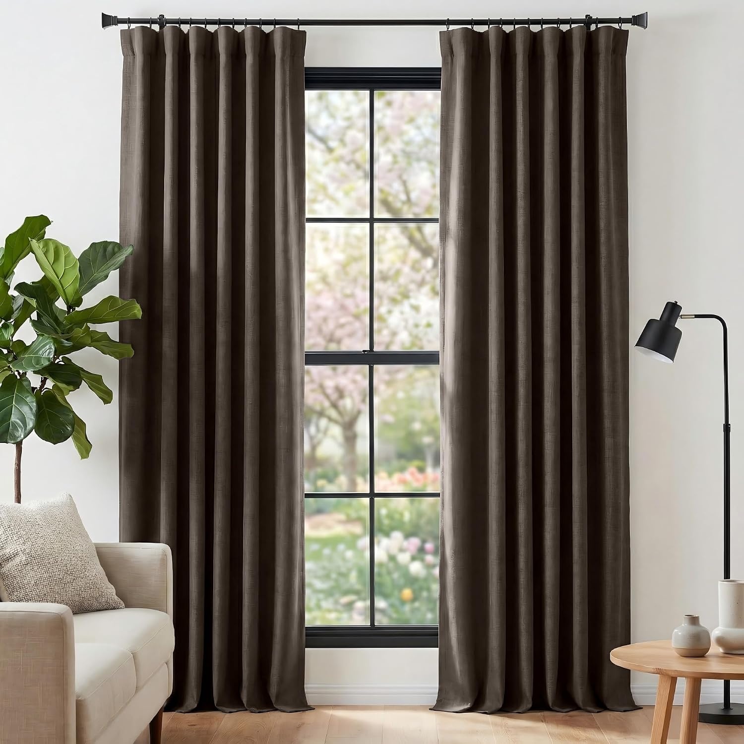 image:imageNICETOWN 2 Panels Faux Linen 100 Blackout Curtains for Living Room Rod PocketBack TabHook Belt Room Darkening Window Treatment with Liner Thermal Curtains for Bedroom Natural W50 x L96Brown