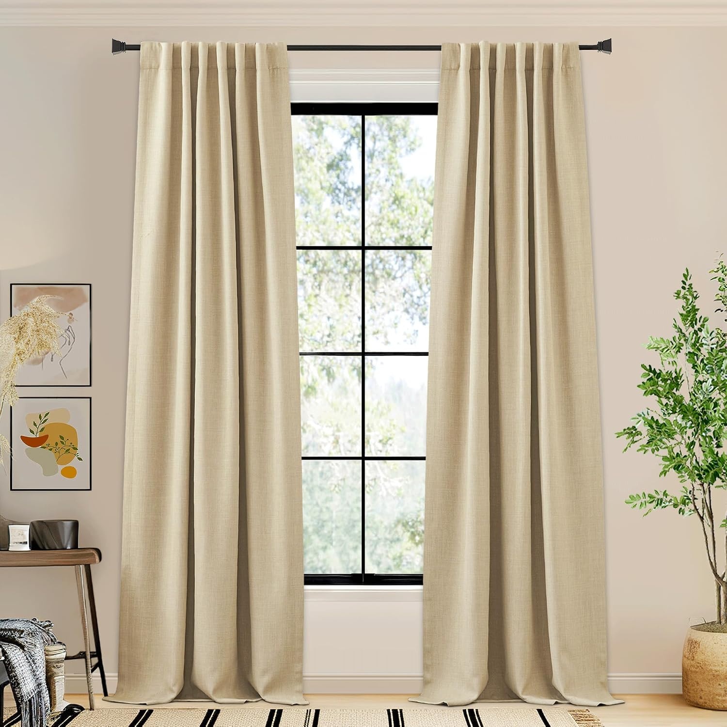 image:imageNICETOWN 2 Panels Faux Linen 100 Blackout Curtains for Living Room Rod PocketBack TabHook Belt Room Darkening Window Treatment with Liner Thermal Curtains for Bedroom Natural W50 x L96Oatmeal