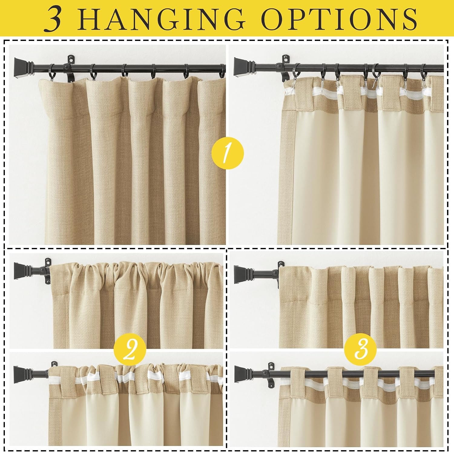 image:imageNICETOWN 2 Panels Faux Linen 100 Blackout Curtains for Living Room Rod PocketBack TabHook Belt Room Darkening Window Treatment with Liner Thermal Curtains for Bedroom Natural W50 x L96Oatmeal