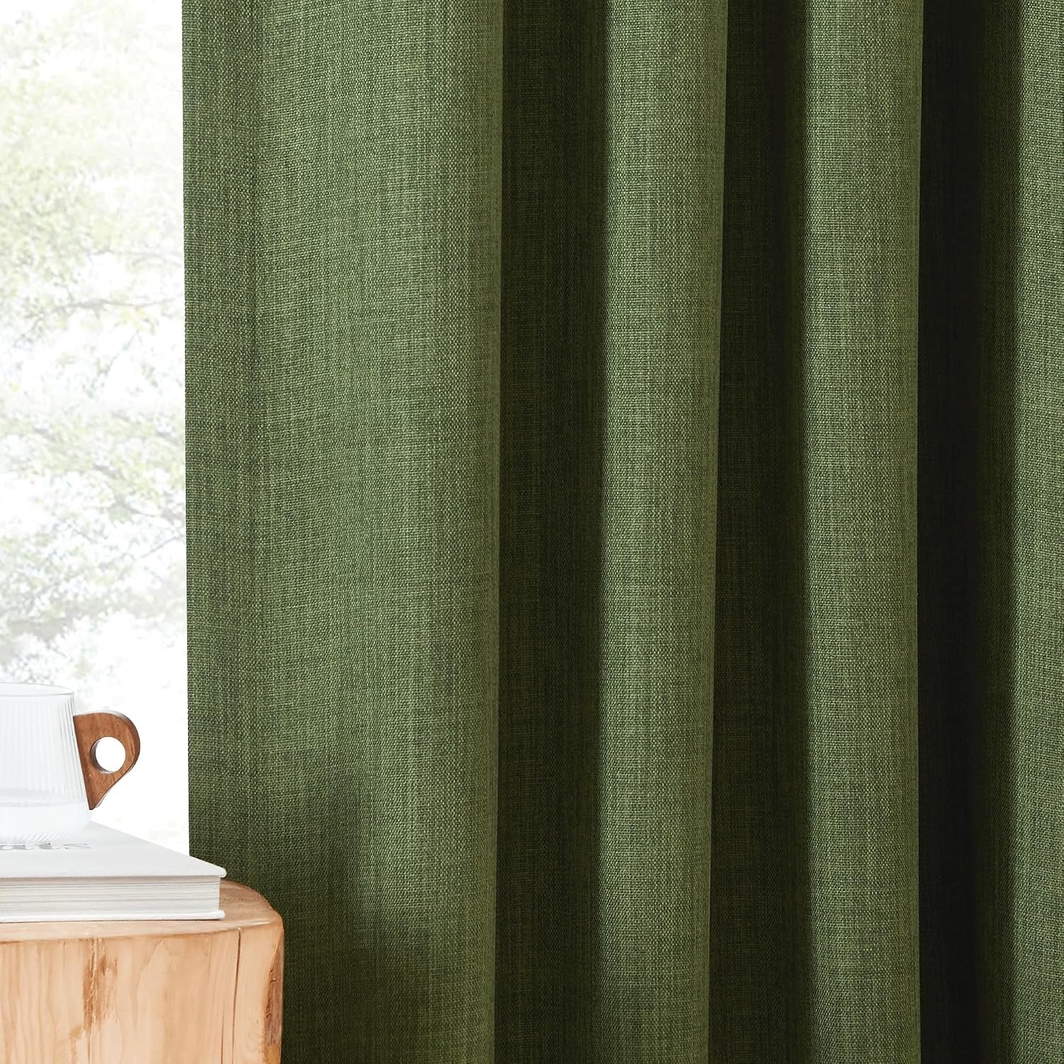 image:imageNICETOWN 2 Panels Faux Linen 100 Blackout Curtains for Living Room Rod PocketBack TabHook Belt Room Darkening Window Treatment with Liner Thermal Curtains for Bedroom Natural W50 x L96Forest Green