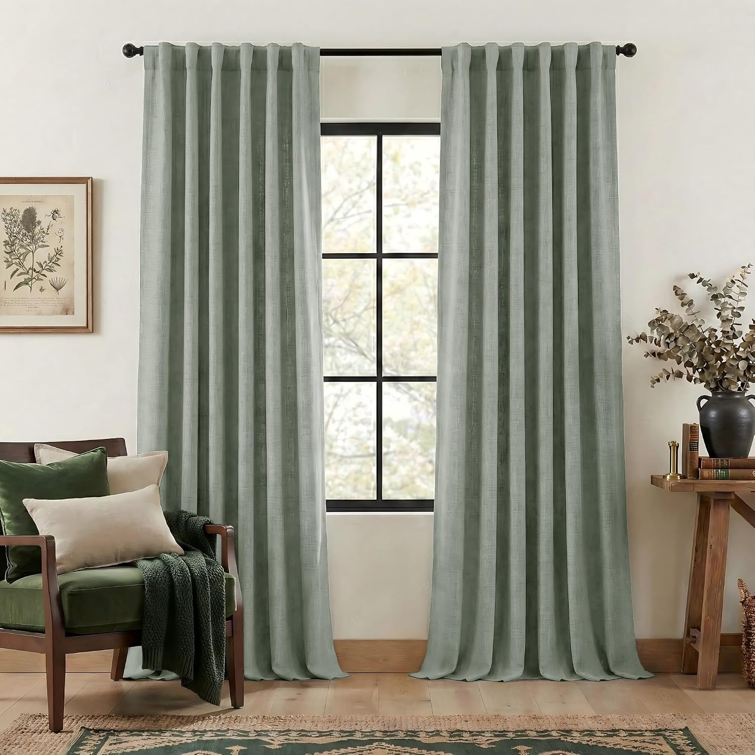 image:imageNICETOWN 2 Panels Faux Linen 100 Blackout Curtains for Living Room Rod PocketBack TabHook Belt Room Darkening Window Treatment with Liner Thermal Curtains for Bedroom Natural W50 x L96Sage Green