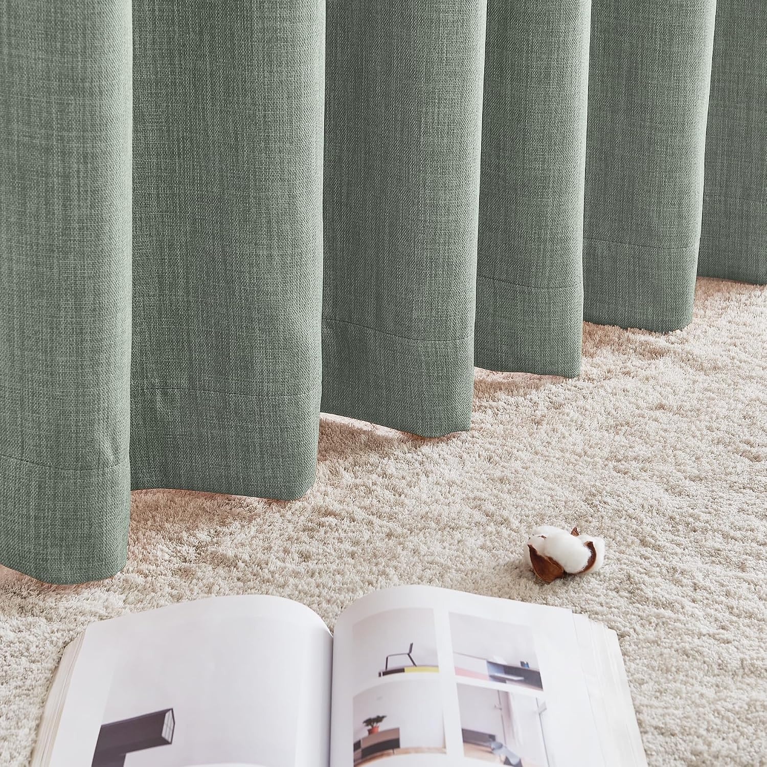 image:imageNICETOWN 2 Panels Faux Linen 100 Blackout Curtains for Living Room Rod PocketBack TabHook Belt Room Darkening Window Treatment with Liner Thermal Curtains for Bedroom Natural W50 x L96Sage Green