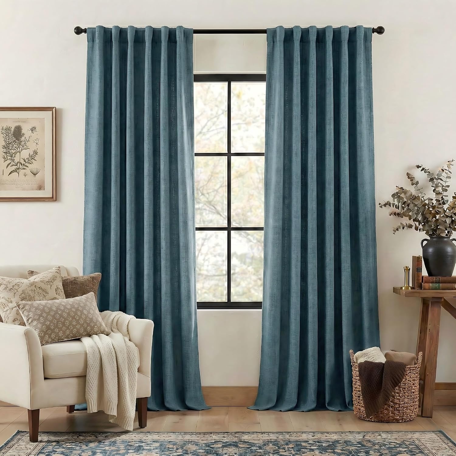 image:imageNICETOWN 2 Panels Faux Linen 100 Blackout Curtains for Living Room Rod PocketBack TabHook Belt Room Darkening Window Treatment with Liner Thermal Curtains for Bedroom Natural W50 x L96Greyish Blue