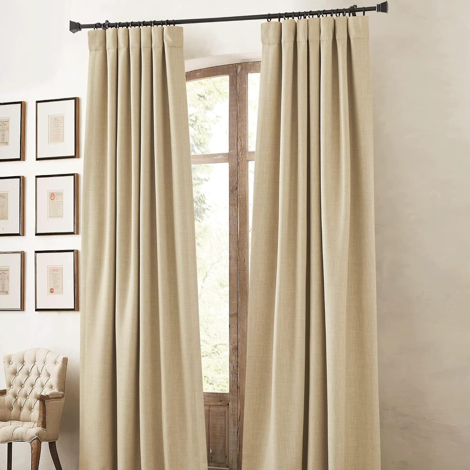 image:imageNICETOWN 2 Panels Faux Linen 100 Blackout Curtains for Living Room Rod PocketBack TabHook Belt Room Darkening Window Treatment with Liner Thermal Curtains for Bedroom Natural W50 x L96Oatmeal