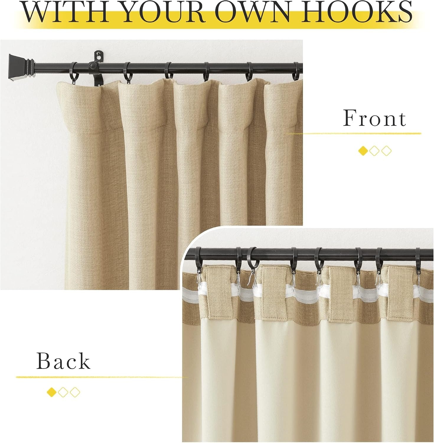 image:imageNICETOWN 2 Panels Faux Linen 100 Blackout Curtains for Living Room Rod PocketBack TabHook Belt Room Darkening Window Treatment with Liner Thermal Curtains for Bedroom Natural W50 x L96Oatmeal