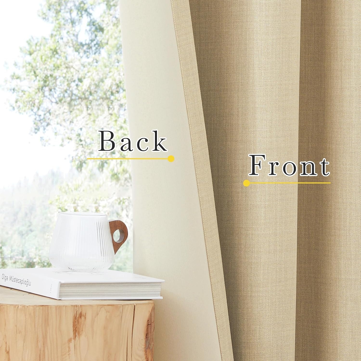 image:imageNICETOWN 2 Panels Faux Linen 100 Blackout Curtains for Living Room Rod PocketBack TabHook Belt Room Darkening Window Treatment with Liner Thermal Curtains for Bedroom Natural W50 x L96Oatmeal