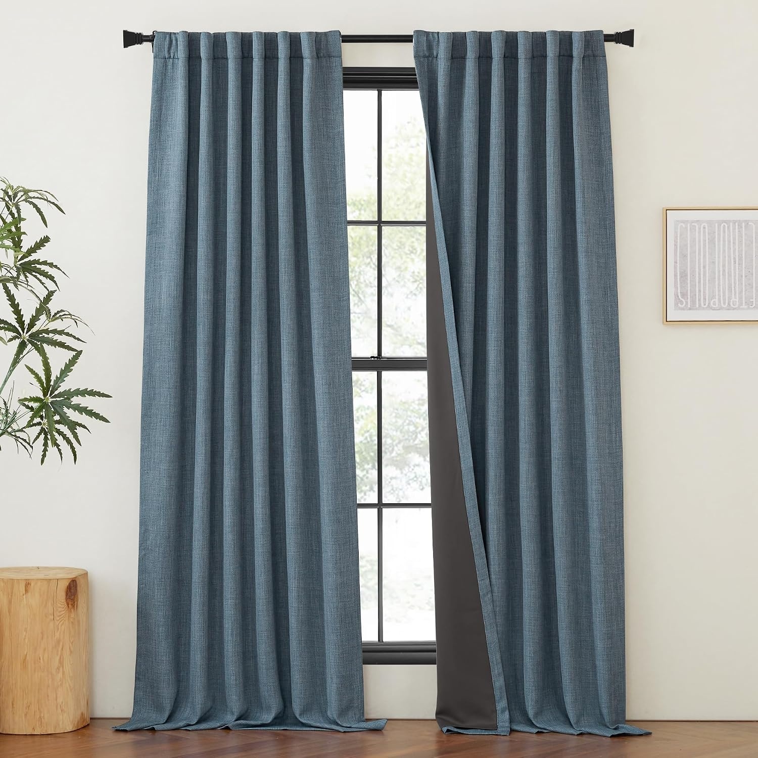 image:imageNICETOWN 2 Panels Faux Linen 100 Blackout Curtains for Living Room Rod PocketBack TabHook Belt Room Darkening Window Treatment with Liner Thermal Curtains for Bedroom Natural W50 x L96100 Blackout Mist Blue