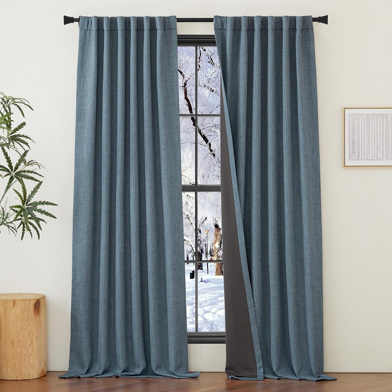image:imageNICETOWN 2 Panels Faux Linen 100 Blackout Curtains for Living Room Rod PocketBack TabHook Belt Room Darkening Window Treatment with Liner Thermal Curtains for Bedroom Natural W50 x L96100 Blackout Mist Blue