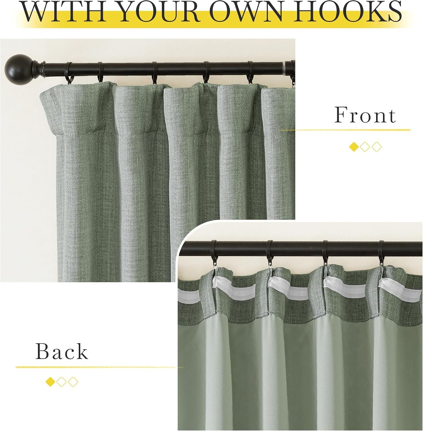 image:imageNICETOWN 2 Panels Faux Linen 100 Blackout Curtains for Living Room Rod PocketBack TabHook Belt Room Darkening Window Treatment with Liner Thermal Curtains for Bedroom Natural W50 x L96Sage Green