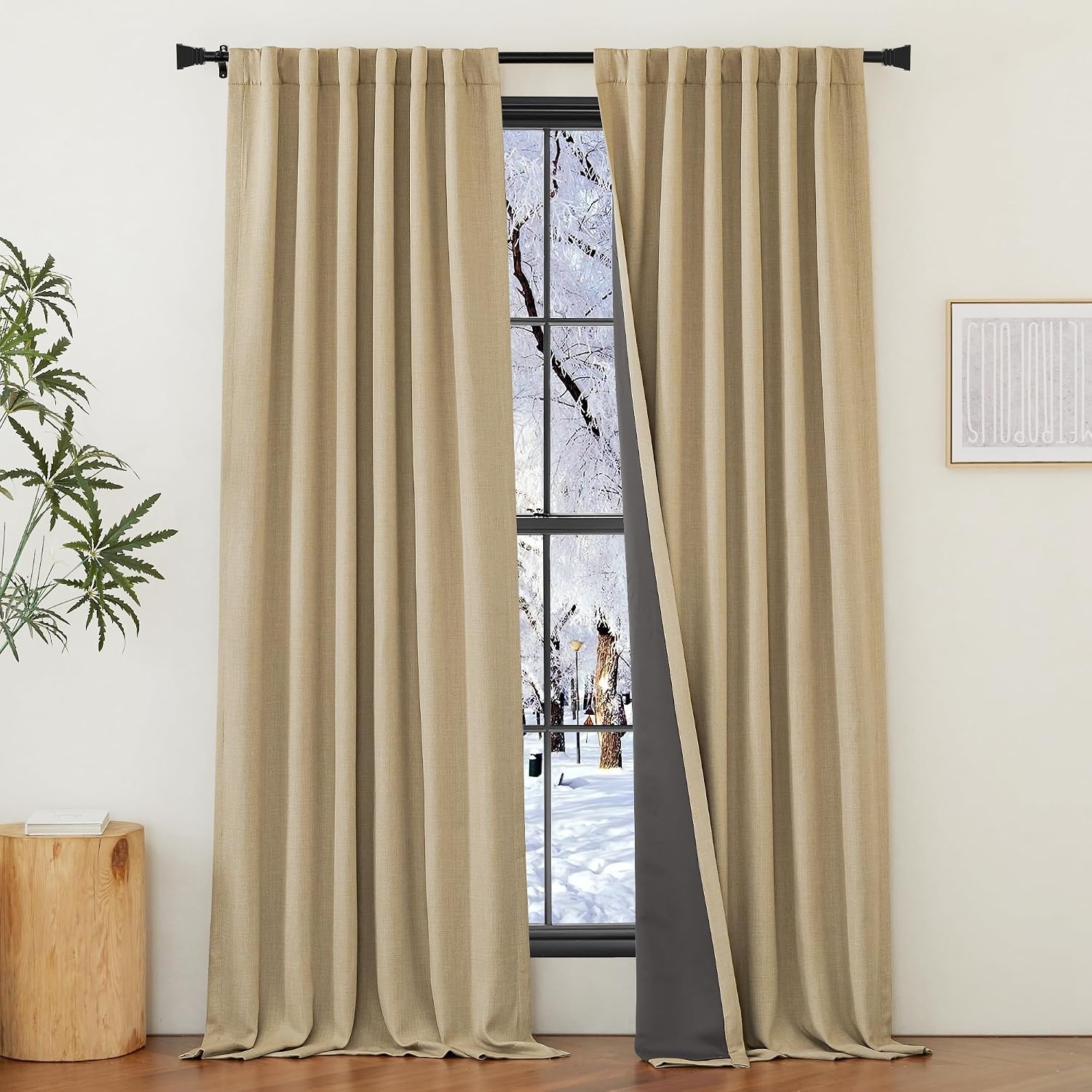 image:imageNICETOWN 2 Panels Faux Linen 100 Blackout Curtains for Living Room Rod PocketBack TabHook Belt Room Darkening Window Treatment with Liner Thermal Curtains for Bedroom Natural W50 x L96100 Blackout Oatmeal