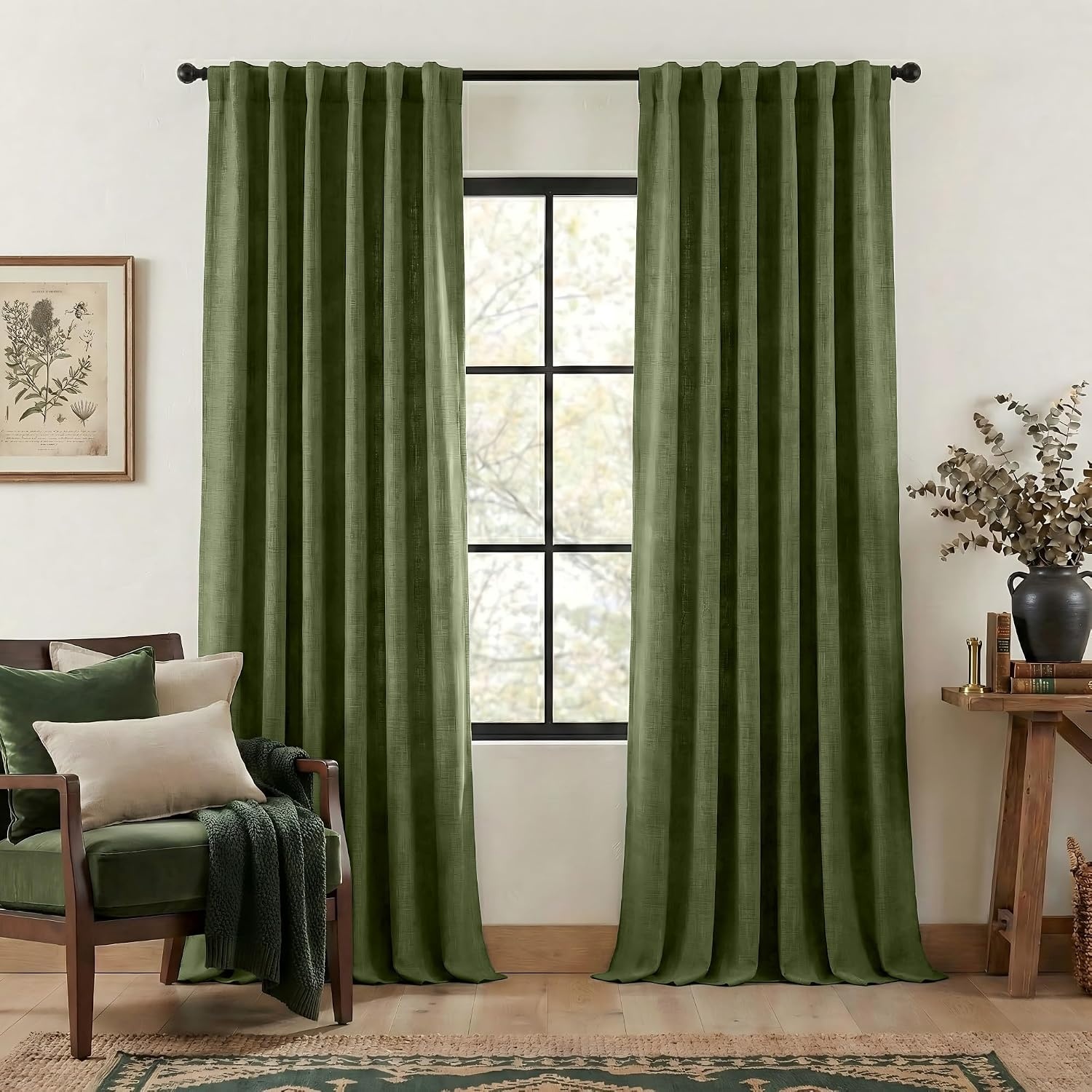 image:imageNICETOWN 2 Panels Faux Linen 100 Blackout Curtains for Living Room Rod PocketBack TabHook Belt Room Darkening Window Treatment with Liner Thermal Curtains for Bedroom Natural W50 x L96Forest Green