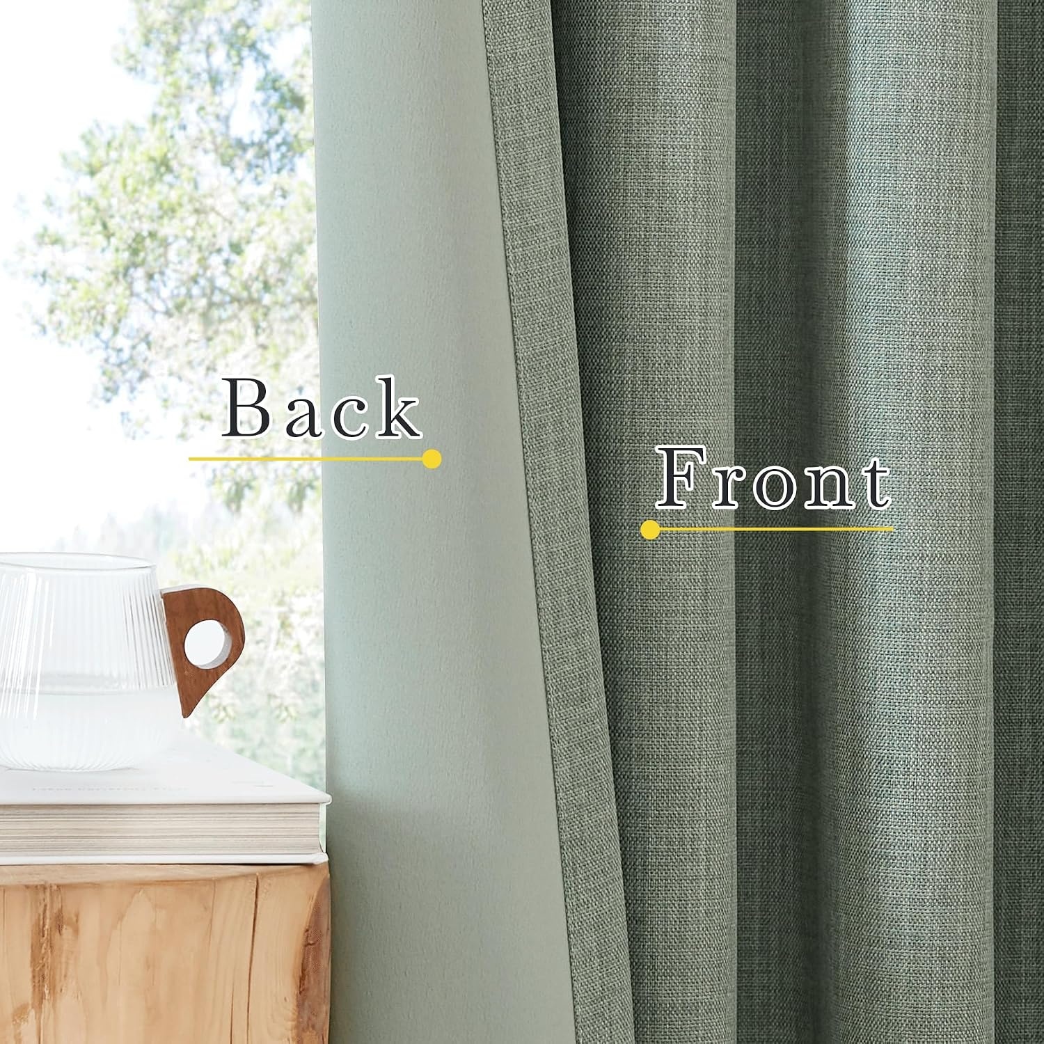 image:imageNICETOWN 2 Panels Faux Linen 100 Blackout Curtains for Living Room Rod PocketBack TabHook Belt Room Darkening Window Treatment with Liner Thermal Curtains for Bedroom Natural W50 x L96Sage Green